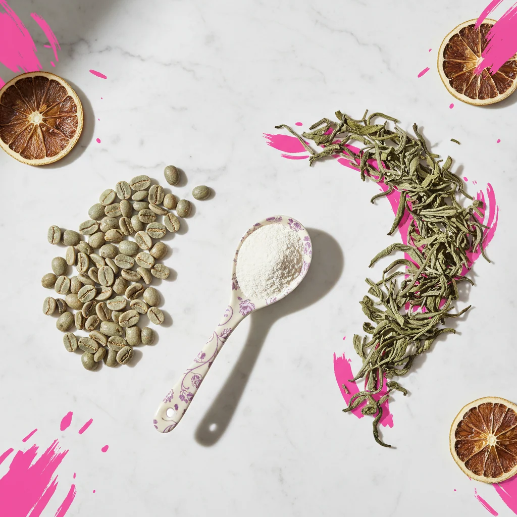 Flat lay of green coffee beans, L-Carnitine powder in a ceramic spoon, dried botanicals on white marble