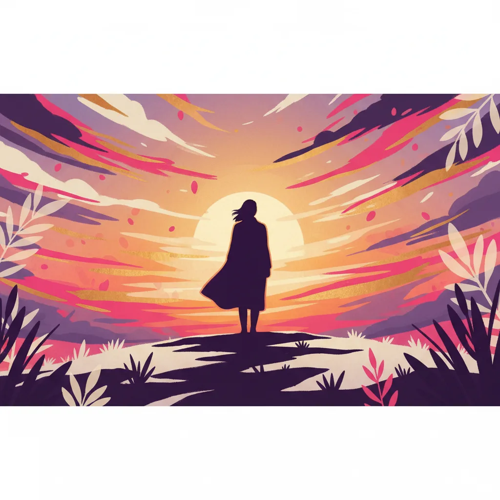 Anonymous person from behind standing on a hilltop looking toward a warm sunset sky - active lifestyle